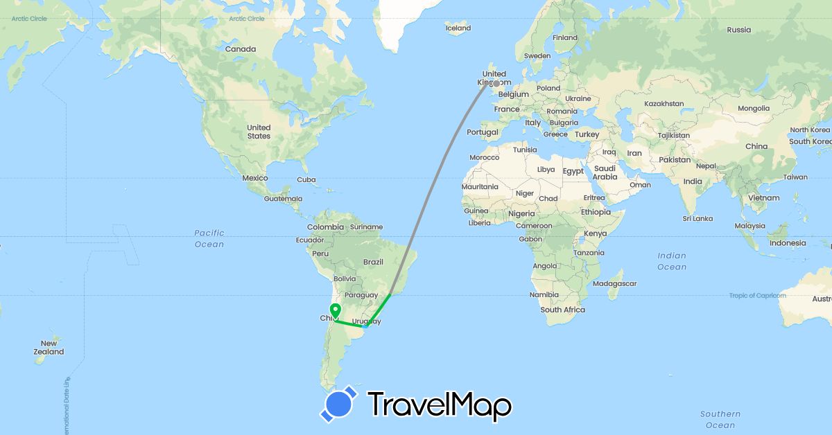 TravelMap itinerary: driving, bus, plane, boat in Argentina, Brazil, United Kingdom, Ireland, Uruguay (Europe, South America)
